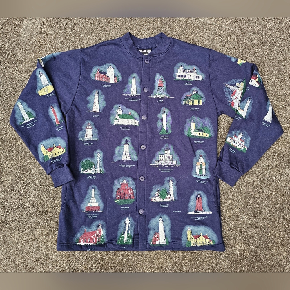 Vintage 80s Art Unlimited Cardigan Sweatshirt Lighthouse Print Button Up Large
